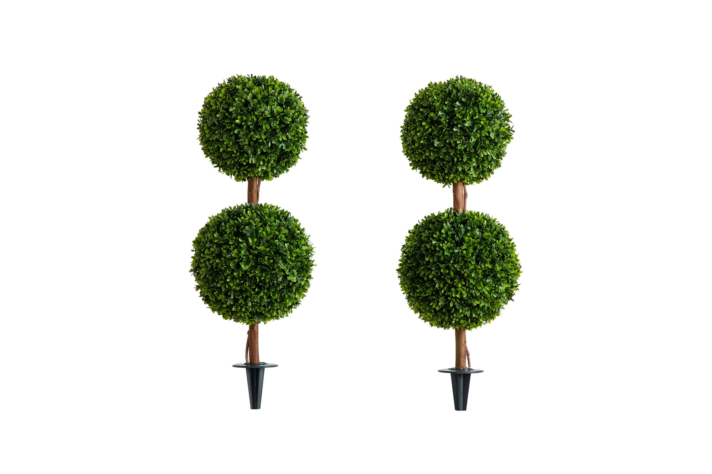 3-Foot UV Resistant Artificial Double Ball Boxwood Topiary with Integrated Ground Stake (Indoor/Outdoor) - Set of 2