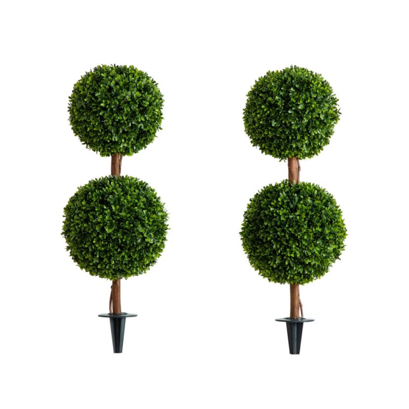 3-Foot UV Resistant Artificial Double Ball Boxwood Topiary with Integrated Ground Stake (Indoor/Outdoor) - Set of 2