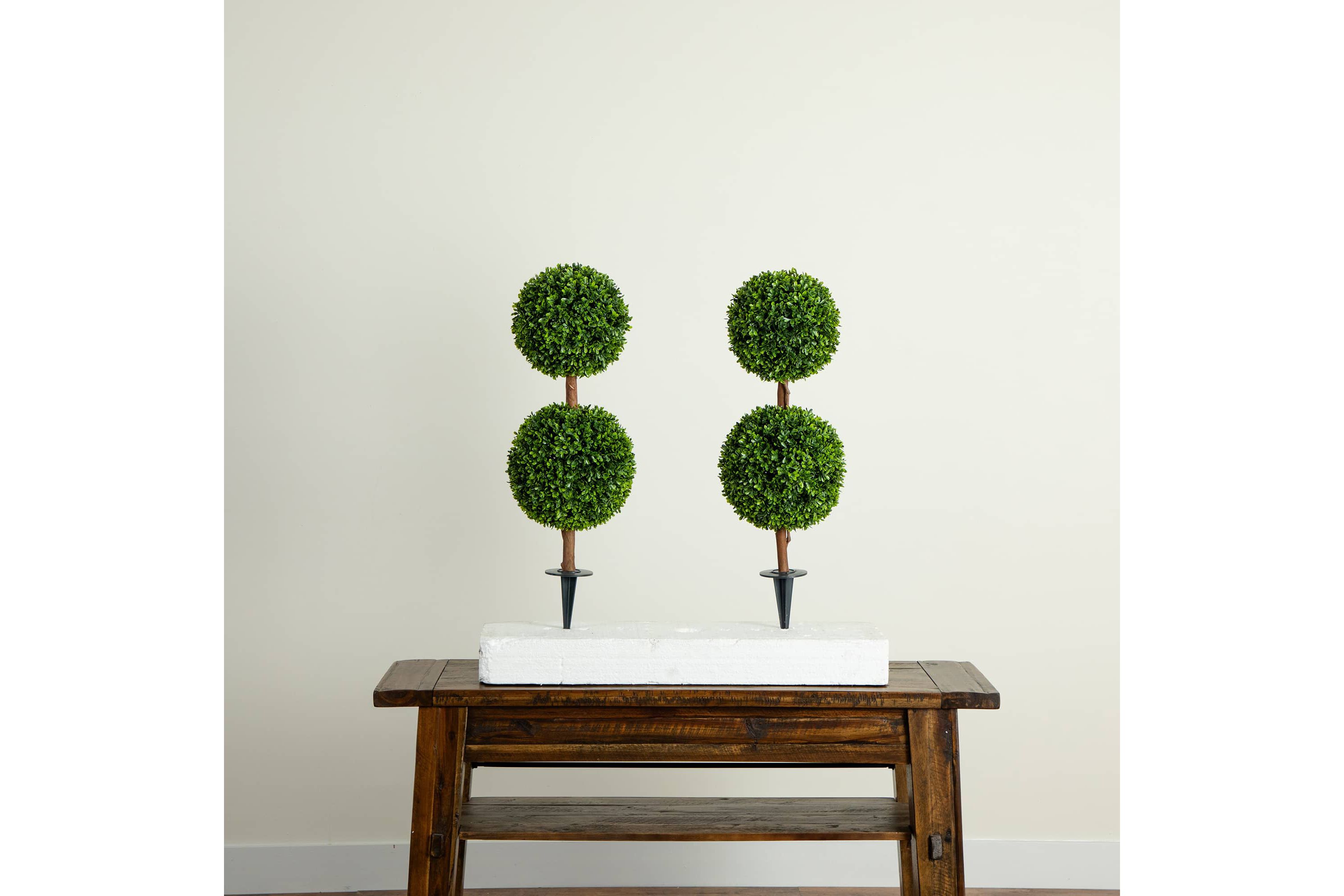3-Foot UV Resistant Artificial Double Ball Boxwood Topiary with Integrated Ground Stake (Indoor/Outdoor) - Set of 2