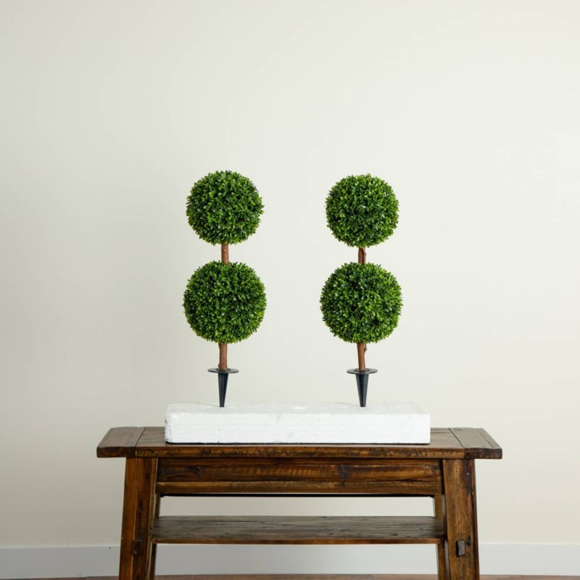 3-Foot UV Resistant Artificial Double Ball Boxwood Topiary with Integrated Ground Stake (Indoor/Outdoor) - Set of 2