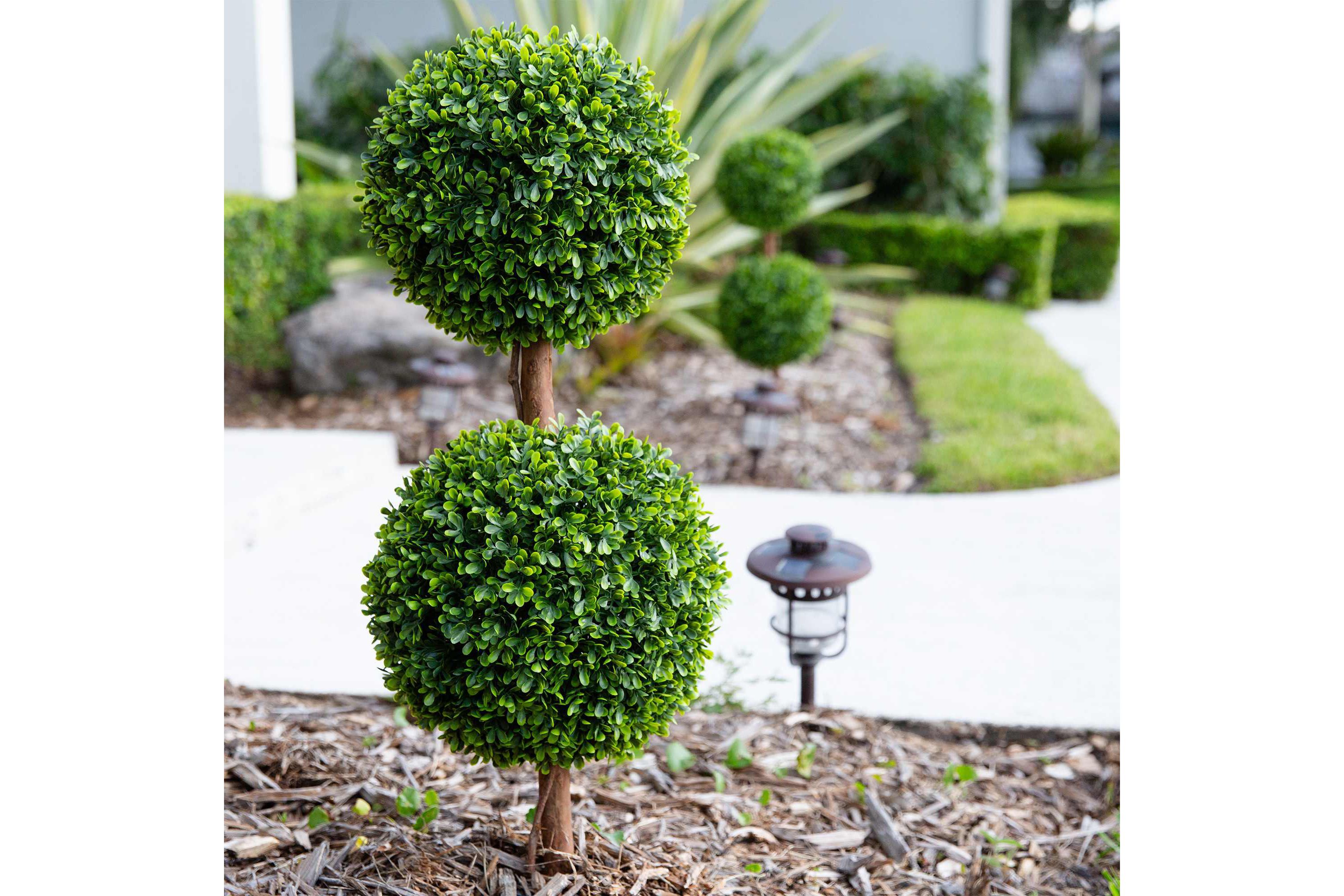 3-Foot UV Resistant Artificial Double Ball Boxwood Topiary with Integrated Ground Stake (Indoor/Outdoor) - Set of 2