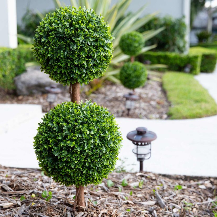 3-Foot UV Resistant Artificial Double Ball Boxwood Topiary with Integrated Ground Stake (Indoor/Outdoor) - Set of 2