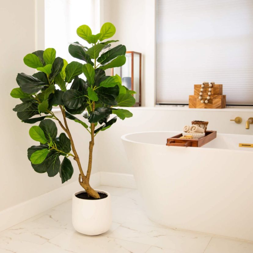 4-Foot Artificial Lush Fiddle Leaf Tree in Decorative White Planter