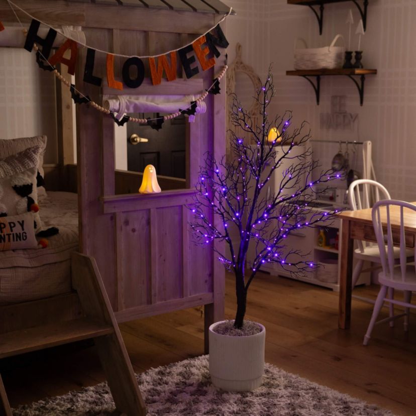 4-Foot Pre-Lit Halloween Minimalist Twig Artificial Fall Tree with 160 Orange & Purple LED Lights