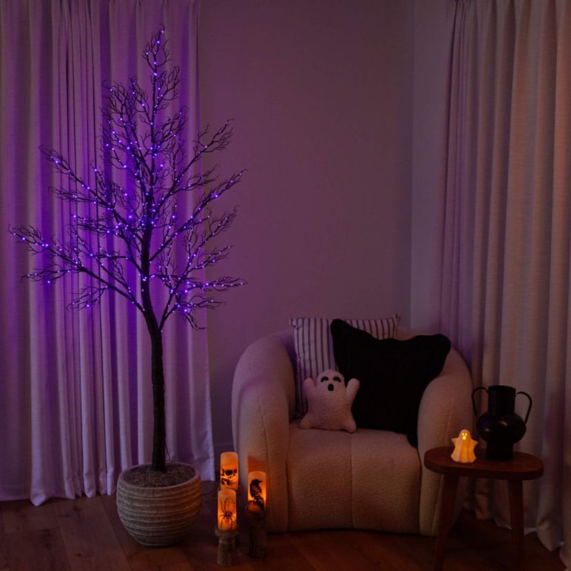 7-Foot Pre-Lit Halloween Minimalist Twig Artificial Fall Tree with 400 Orange & Purple LED Lights