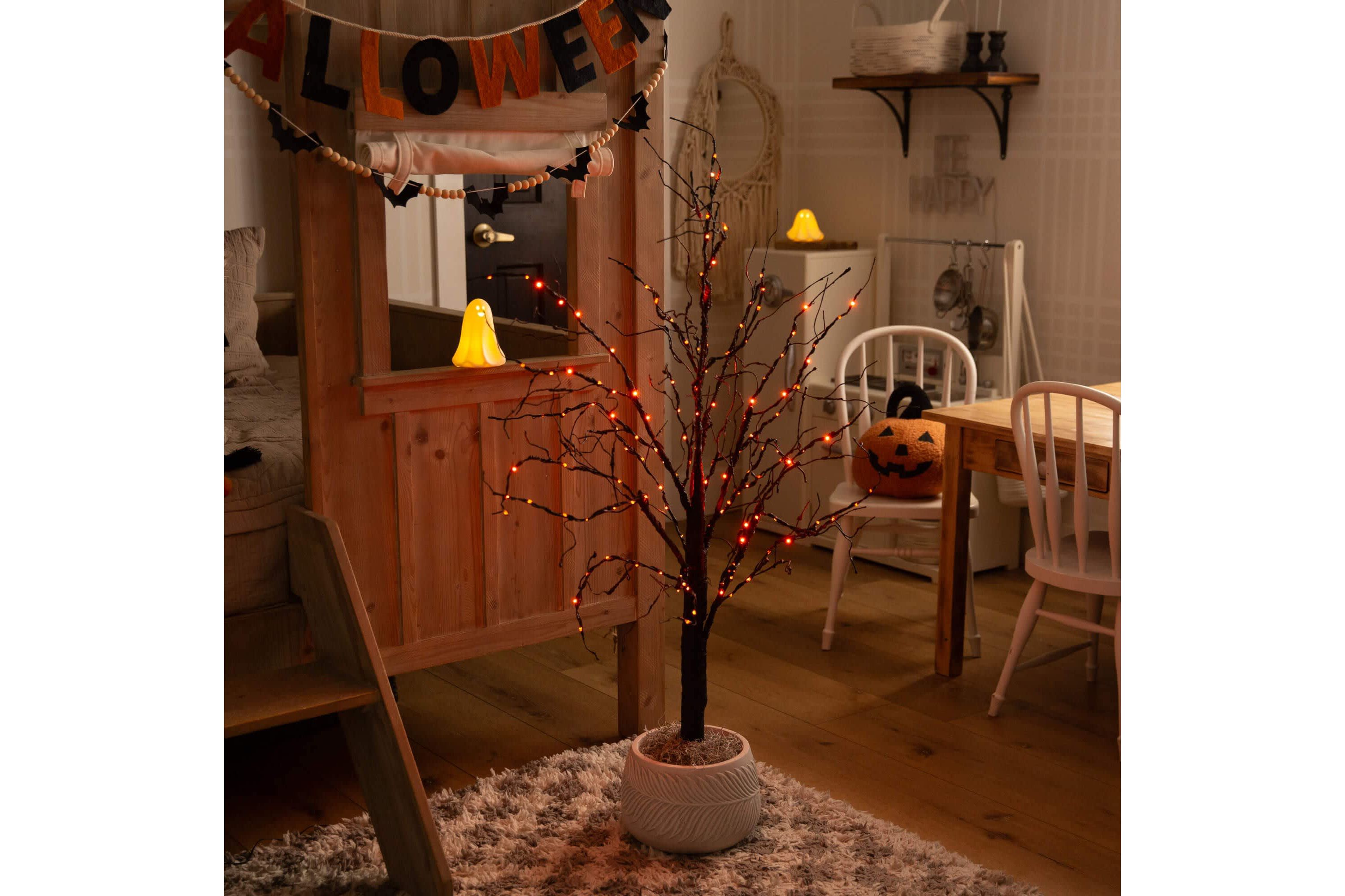 4-Foot Pre-Lit Halloween Black Twig Artificial Tree with 180 Orange & Purple LED Lights