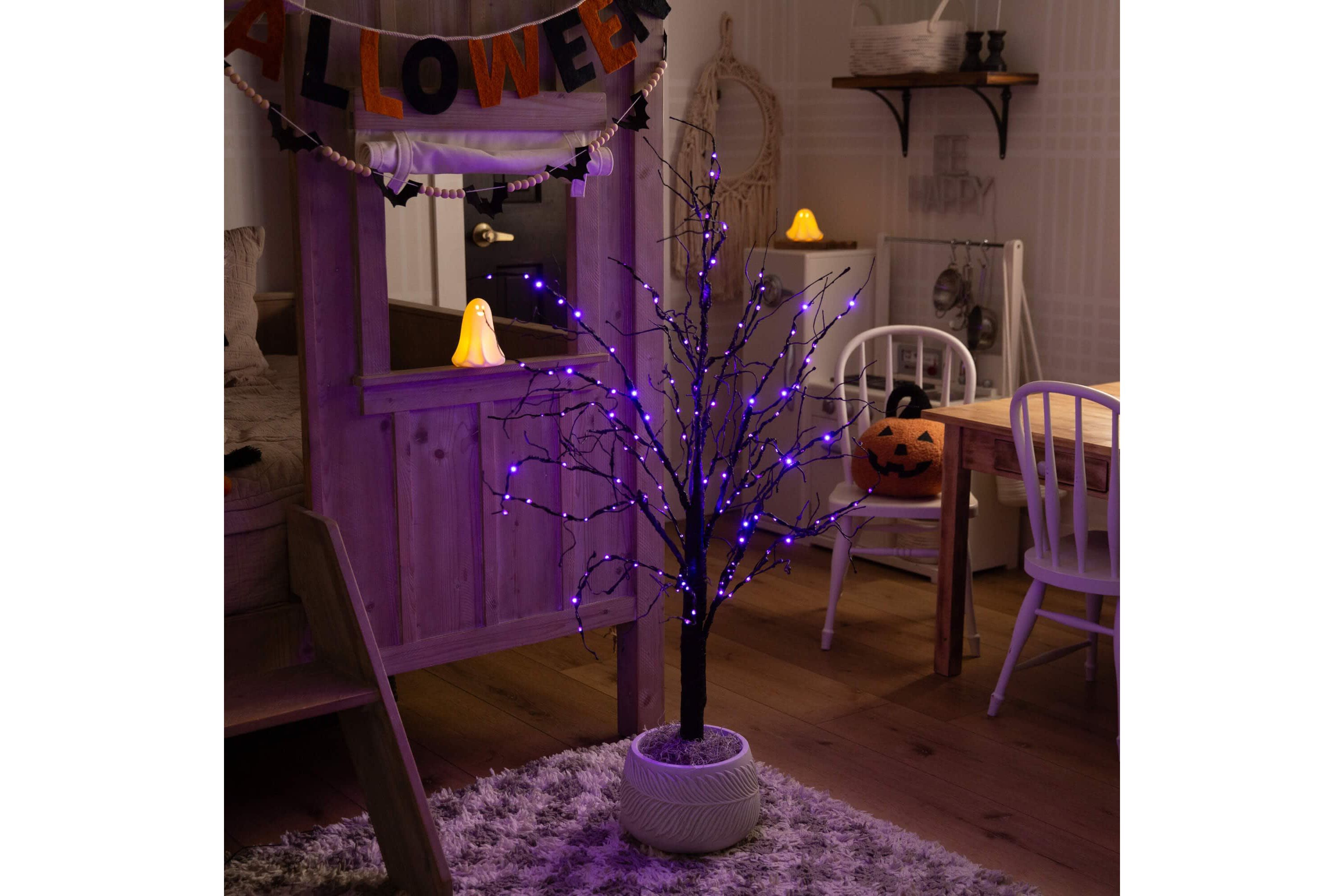 4-Foot Pre-Lit Halloween Black Twig Artificial Tree with 180 Orange & Purple LED Lights