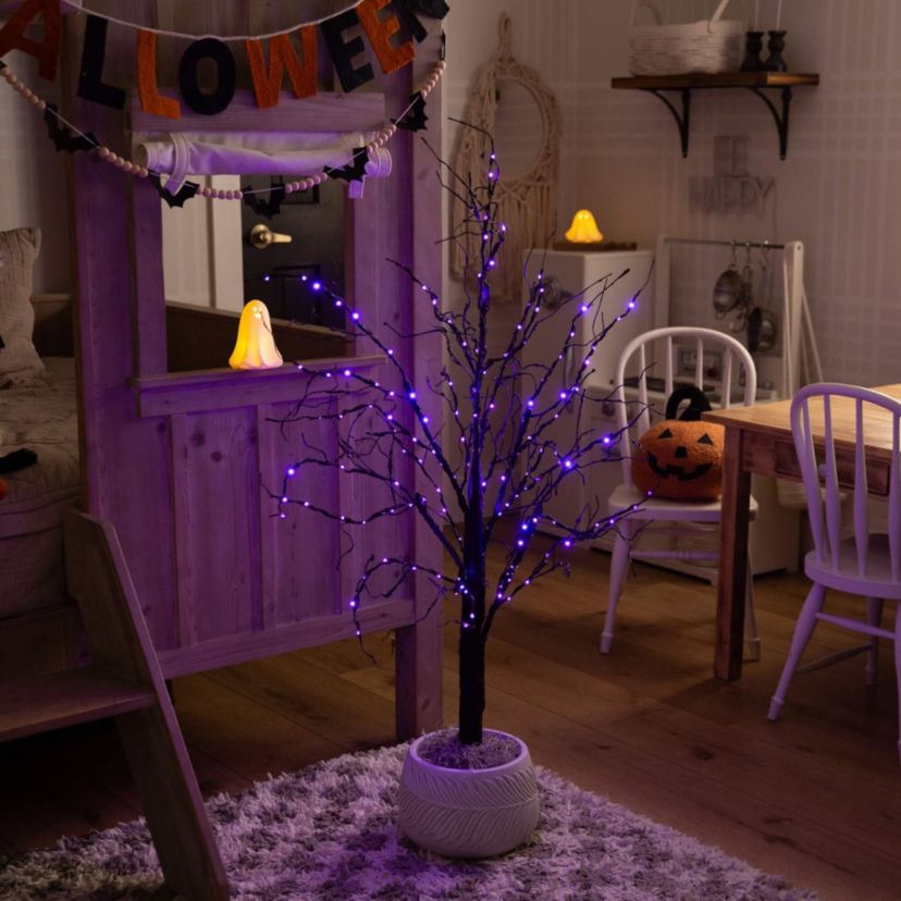 4-Foot Pre-Lit Halloween Black Twig Artificial Tree with 180 Orange & Purple LED Lights