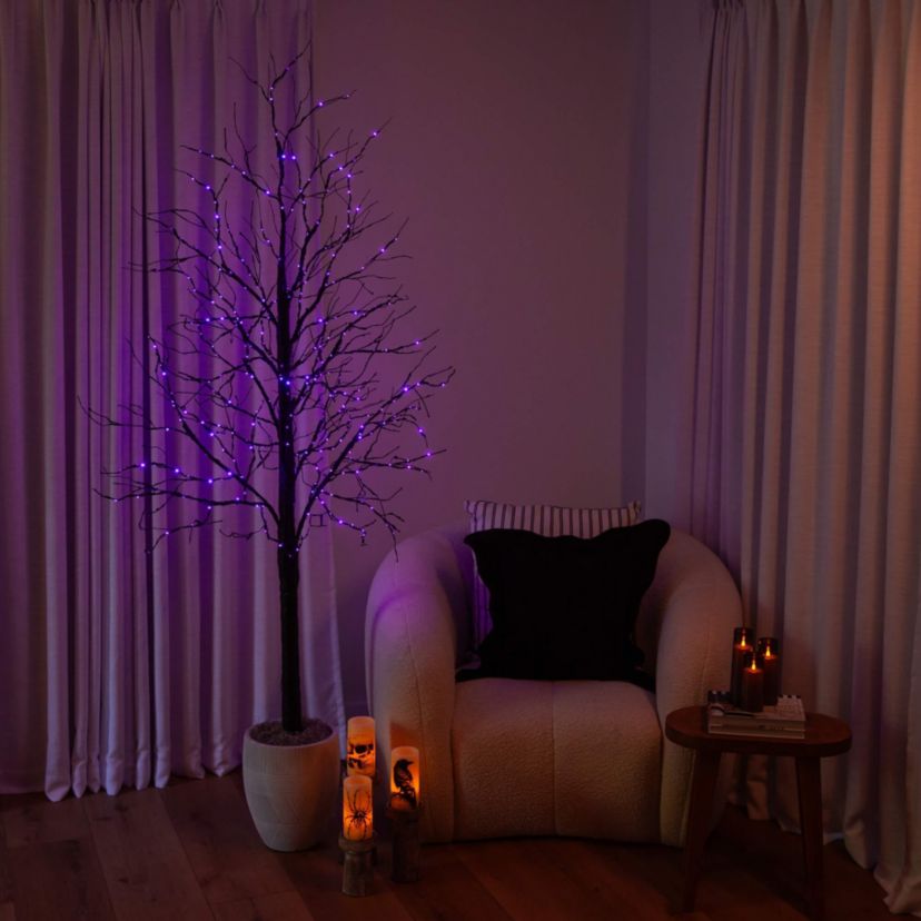 7-Foot Pre-Lit Halloween Black Twig Artificial Tree with 390 Orange & Purple LED Lights