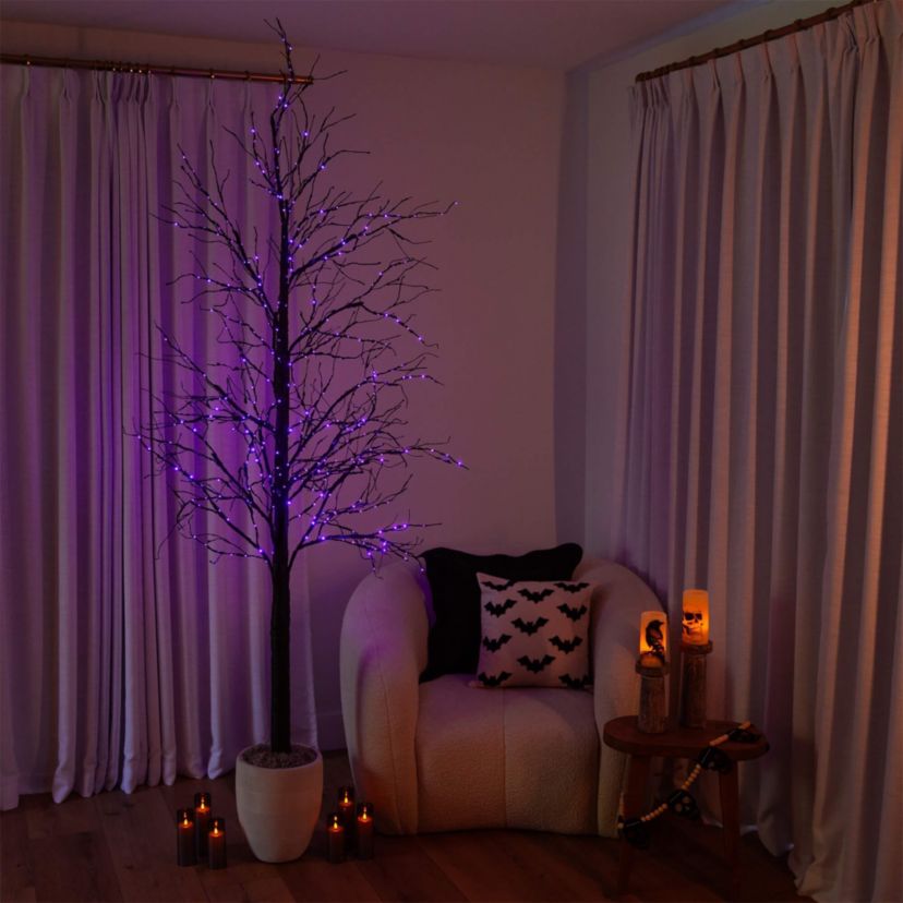 8-Foot Pre-Lit Halloween Black Twig Artificial Tree with 510 Orange & Purple LED Lights