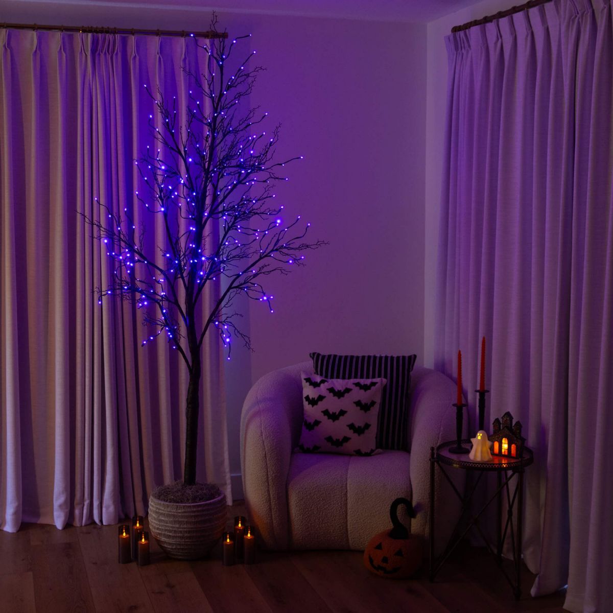8-Foot Pre-Lit Halloween Deluxe Black Twig Artificial Tree with 216 Orange & Purple LED Lights
