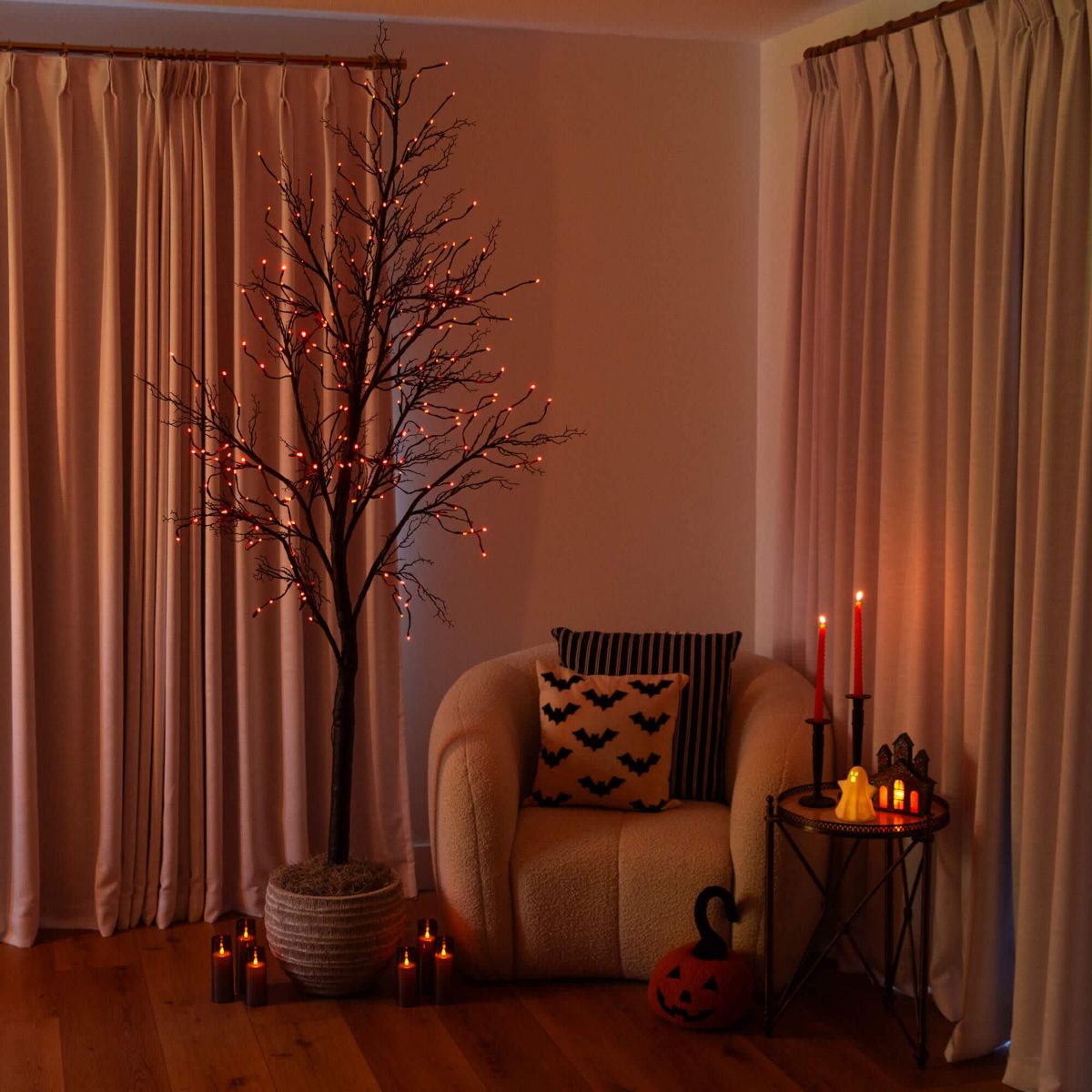 8-Foot Pre-Lit Halloween Deluxe Black Twig Artificial Tree with 216 Orange & Purple LED Lights