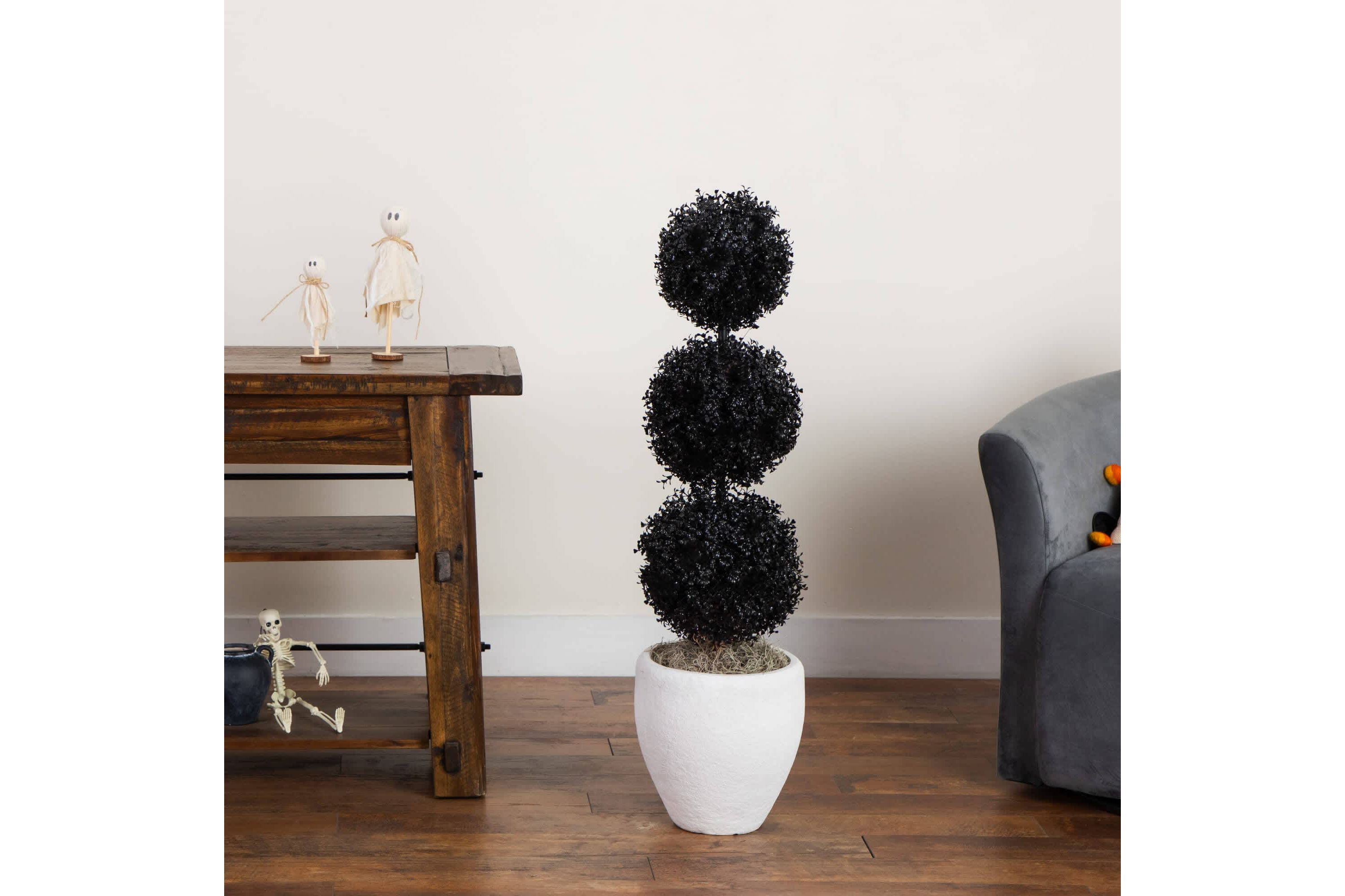 3-Foot UV Resistant Artificial Halloween Black Triple Ball Boxwood Topiary (Indoor/Outdoor)