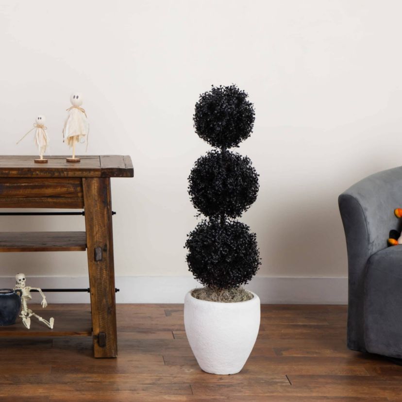 3-Foot UV Resistant Artificial Halloween Black Triple Ball Boxwood Topiary (Indoor/Outdoor)