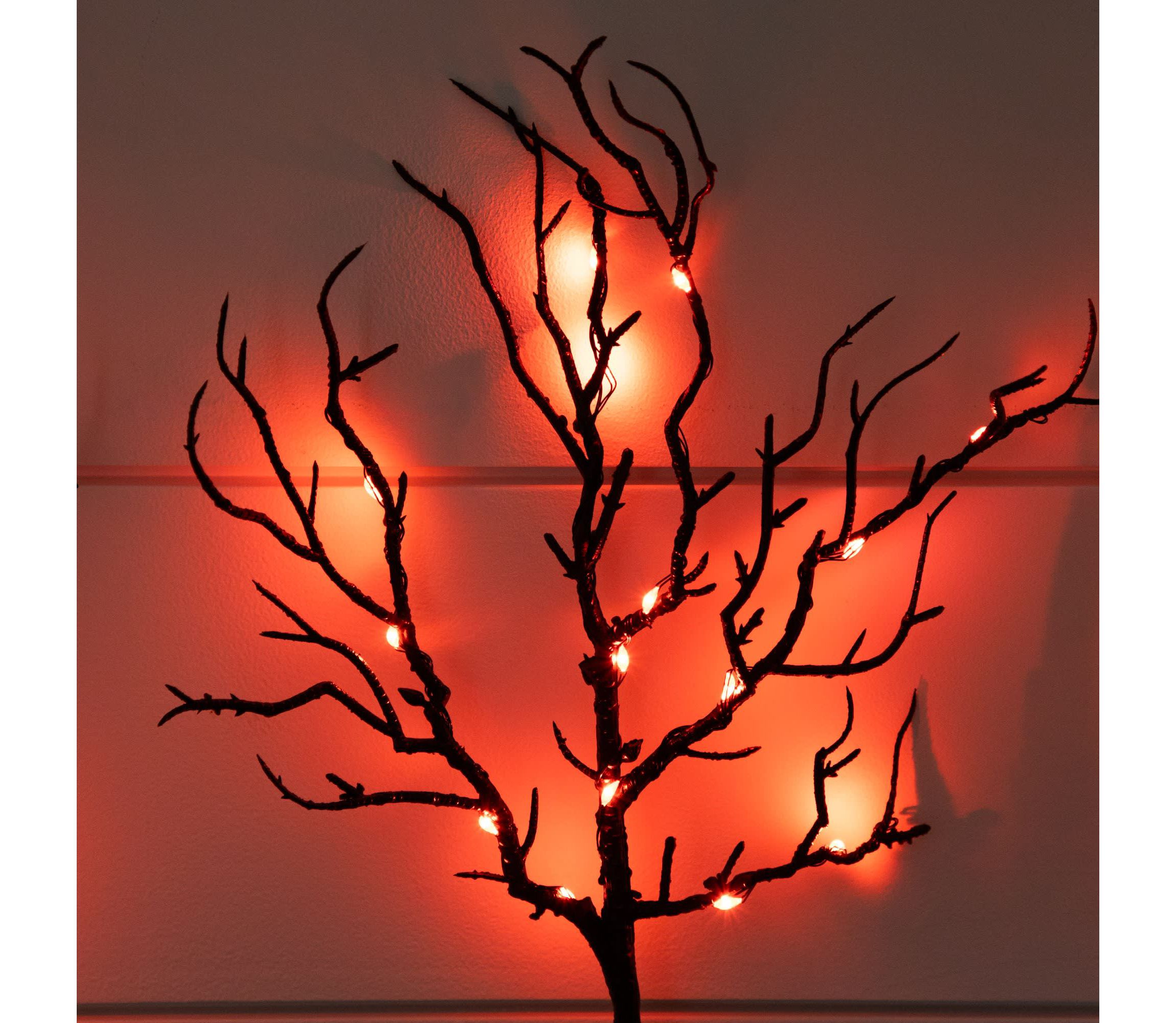 14-Inch Pre-Lit Artificial Halloween Black Twig Branches with 45 Orange LED Lights and Integrated Ground Stake - Set of 3