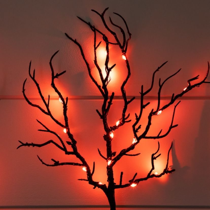 14-Inch Pre-Lit Artificial Halloween Black Twig Branches with 45 Orange LED Lights and Integrated Ground Stake - Set of 3