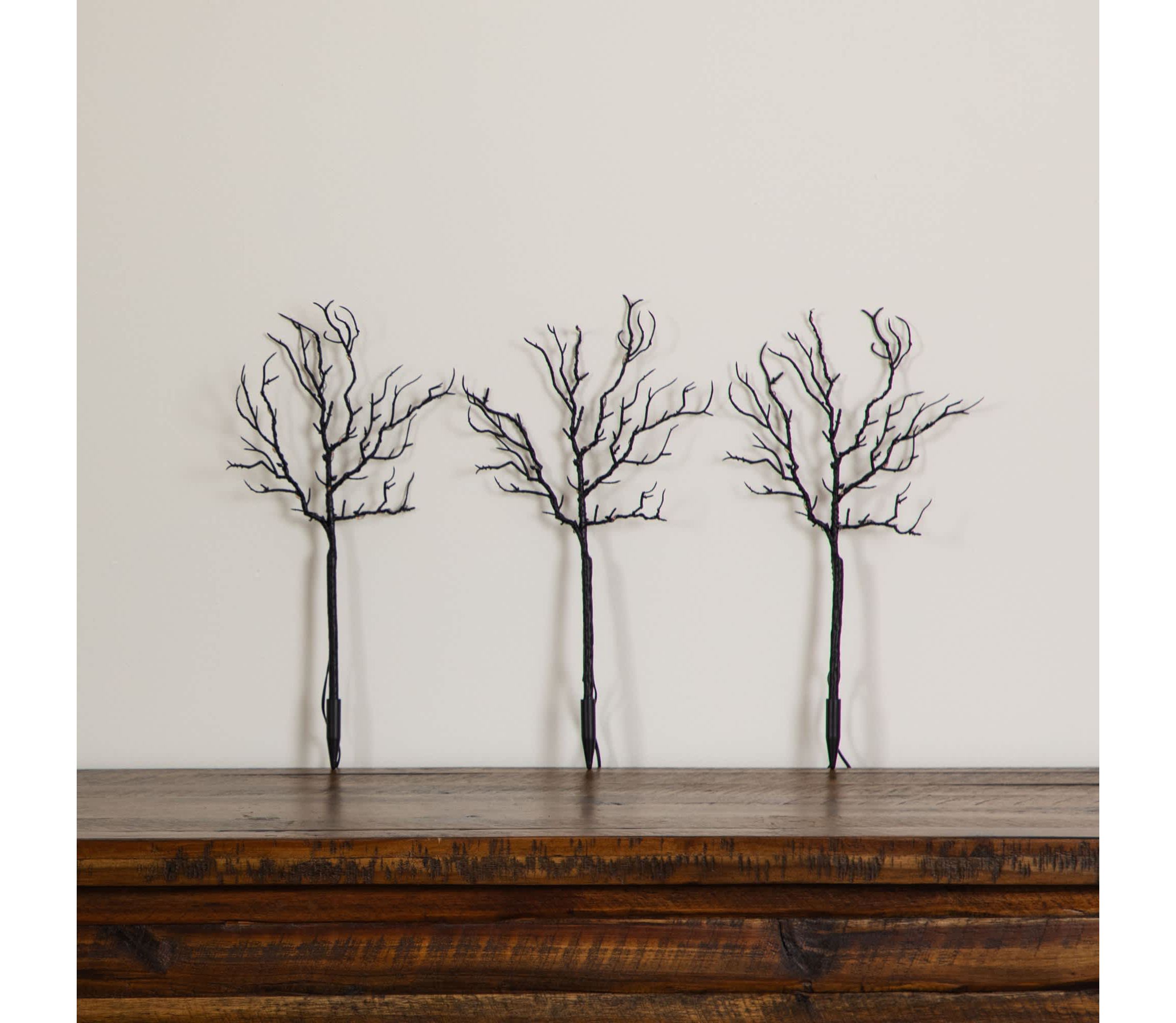 14-Inch Pre-Lit Artificial Halloween Black Twig Branches with 45 Orange LED Lights and Integrated Ground Stake - Set of 3