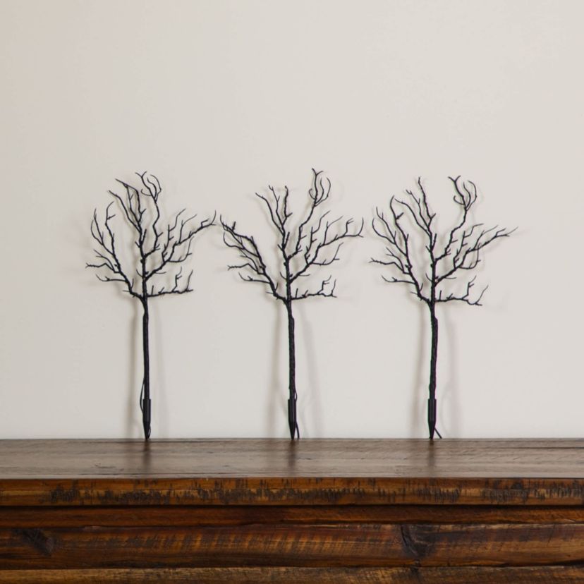 14-Inch Pre-Lit Artificial Halloween Black Twig Branches with 45 Orange LED Lights and Integrated Ground Stake - Set of 3