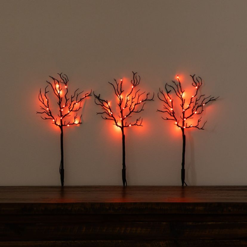 14-Inch Pre-Lit Artificial Halloween Black Twig Branches with 45 Orange LED Lights and Integrated Ground Stake - Set of 3
