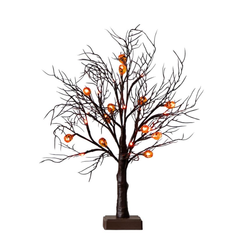 22-Inch Pre-Lit Artificial Halloween Brown Twig Tree with 12 Orange LED Pumpkin Shaped Lights