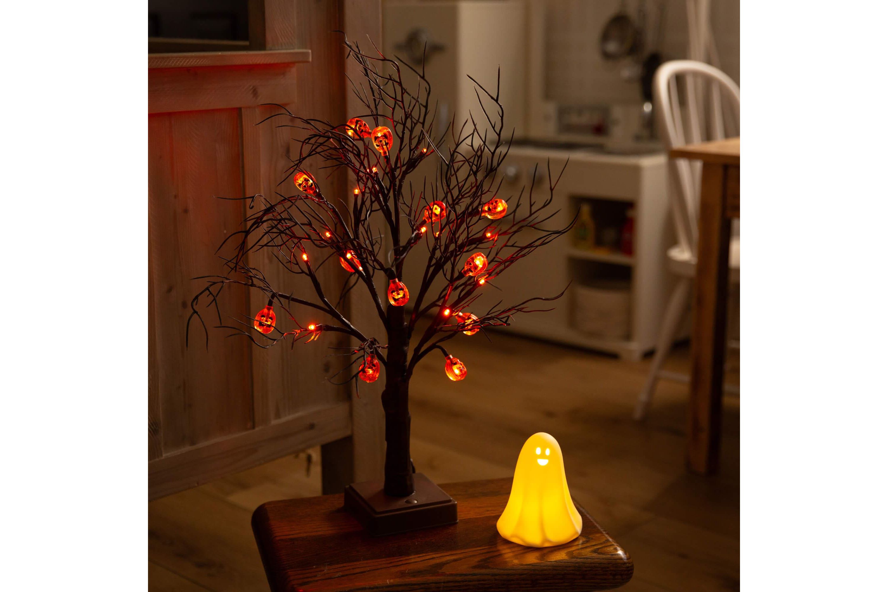 22-Inch Pre-Lit Artificial Halloween Brown Twig Tree with 12 Orange LED Pumpkin Shaped Lights