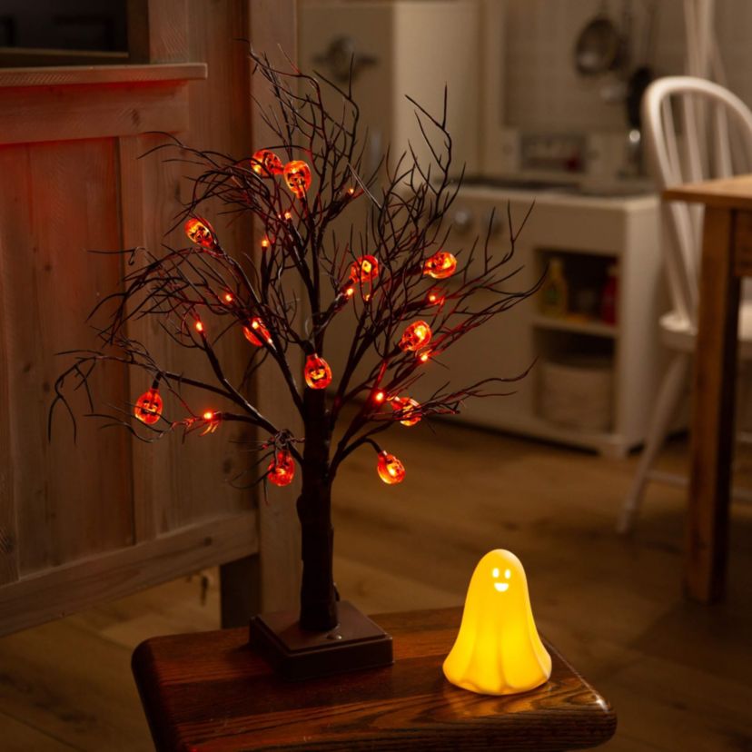 22-Inch Pre-Lit Artificial Halloween Brown Twig Tree with 12 Orange LED Pumpkin Shaped Lights