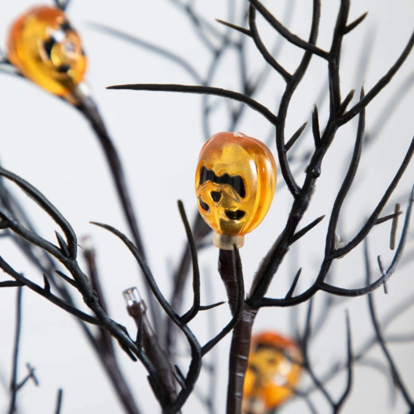 22-Inch Pre-Lit Artificial Halloween Brown Twig Tree with 12 Orange LED Pumpkin Shaped Lights