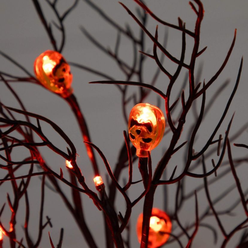 22-Inch Pre-Lit Artificial Halloween Brown Twig Tree with 12 Orange LED Pumpkin Shaped Lights