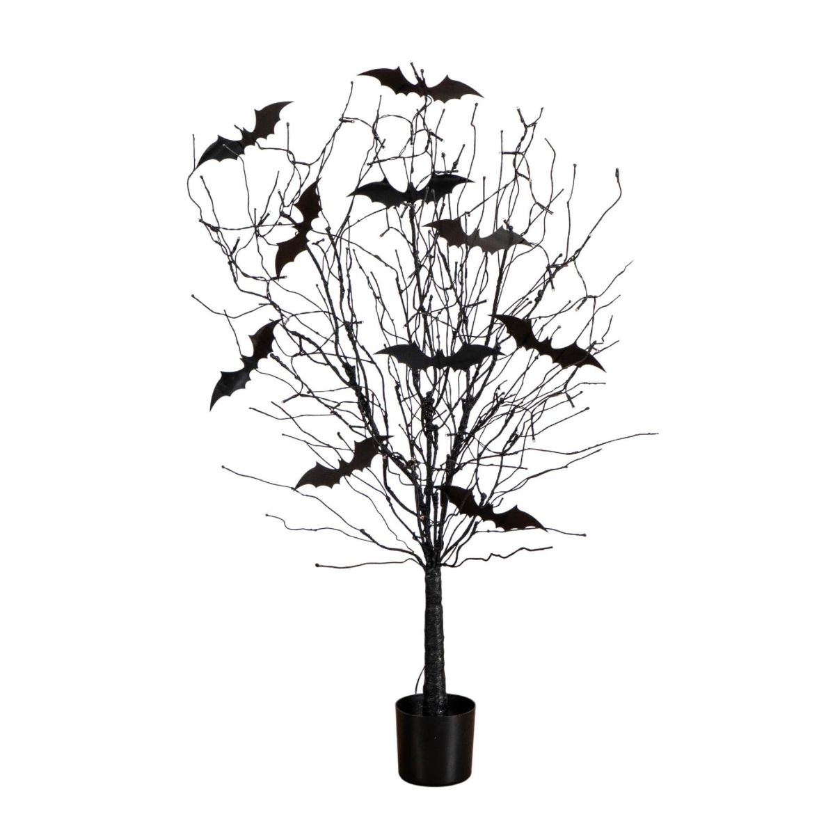 4-Foot Pre-Lit Artificial Halloween Black Twig Tree with Bats and 50 Orange LED Lights