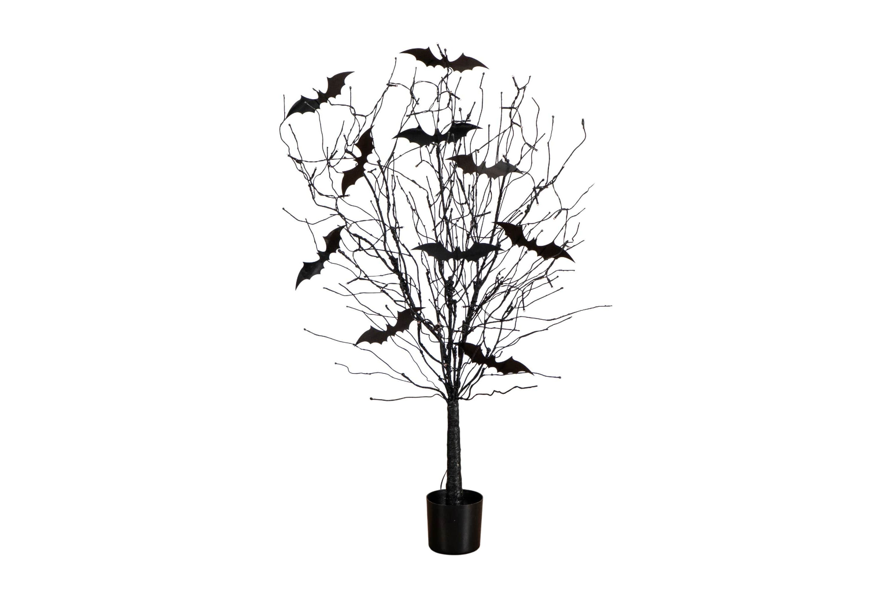 4-Foot Pre-Lit Artificial Halloween Black Twig Tree with Bats and 50 Orange LED Lights
