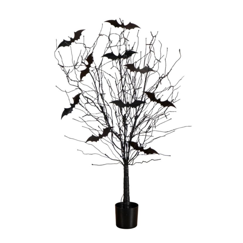 4-Foot Pre-Lit Artificial Halloween Black Twig Tree with Bats and 50 Orange LED Lights