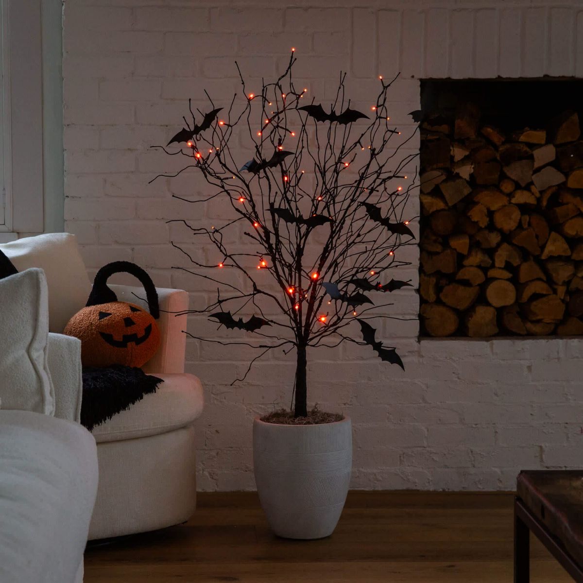 4-Foot Pre-Lit Artificial Halloween Black Twig Tree with Bats and 50 Orange LED Lights