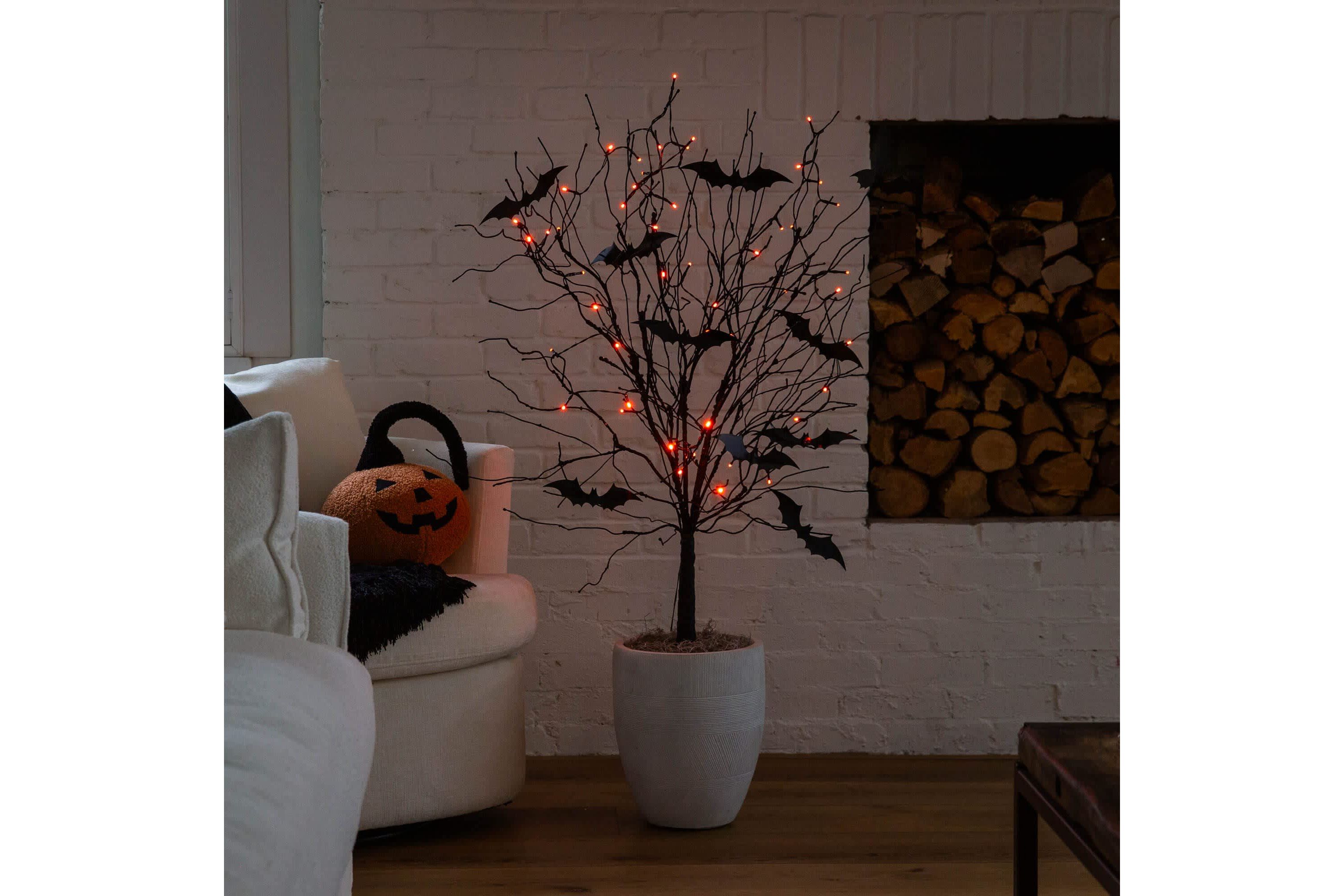4-Foot Pre-Lit Artificial Halloween Black Twig Tree with Bats and 50 Orange LED Lights