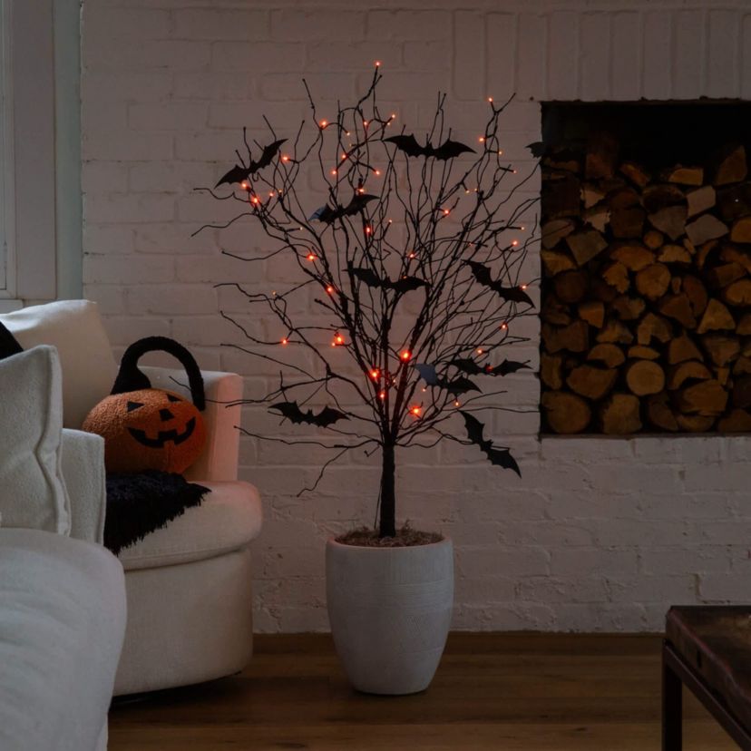 4-Foot Pre-Lit Artificial Halloween Black Twig Tree with Bats and 50 Orange LED Lights