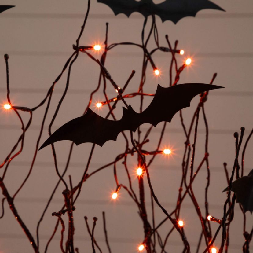 4-Foot Pre-Lit Artificial Halloween Black Twig Tree with Bats and 50 Orange LED Lights