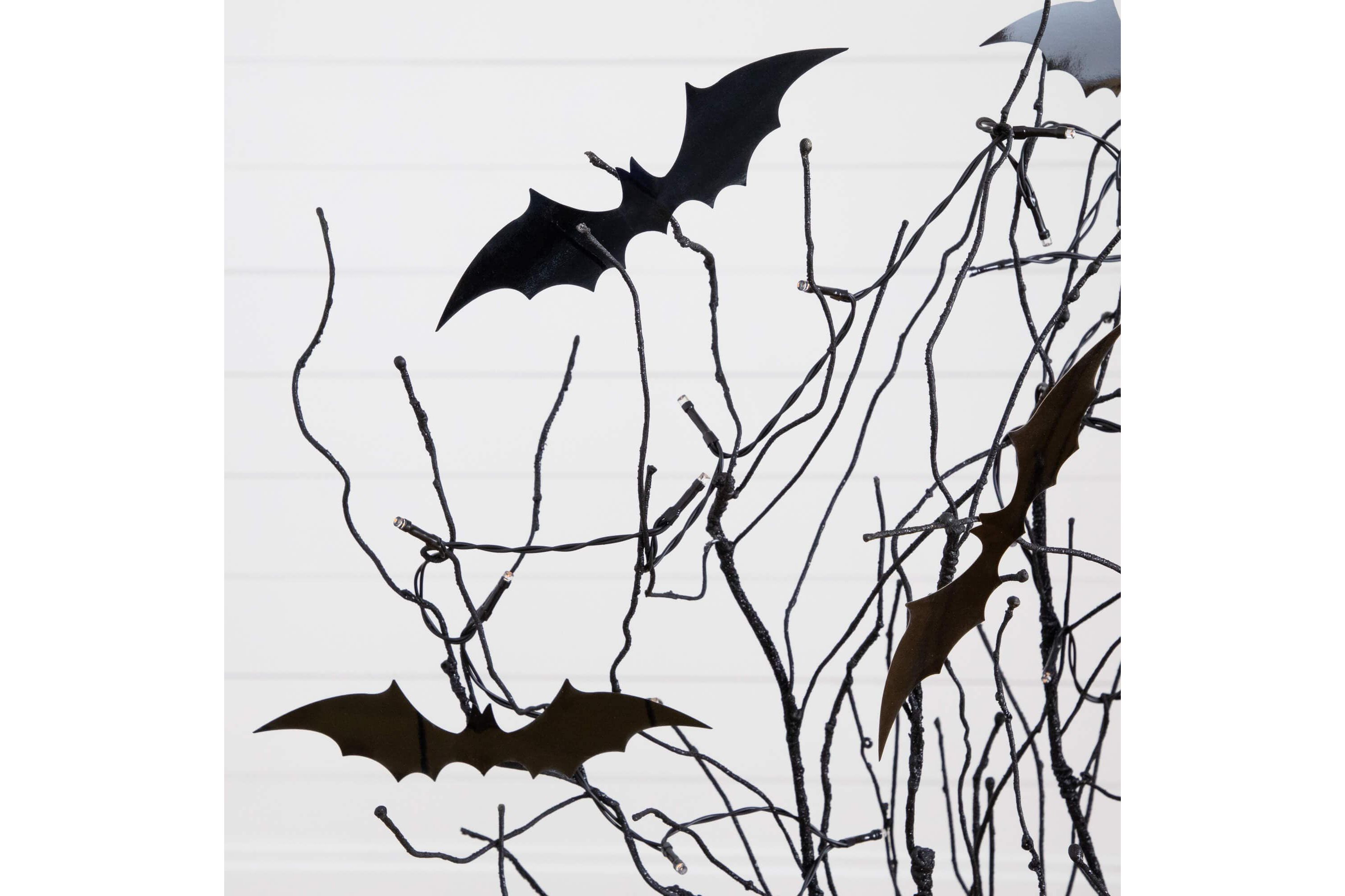 4-Foot Pre-Lit Artificial Halloween Black Twig Tree with Bats and 50 Orange LED Lights
