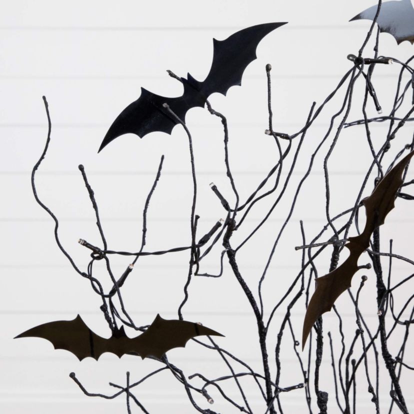 4-Foot Pre-Lit Artificial Halloween Black Twig Tree with Bats and 50 Orange LED Lights