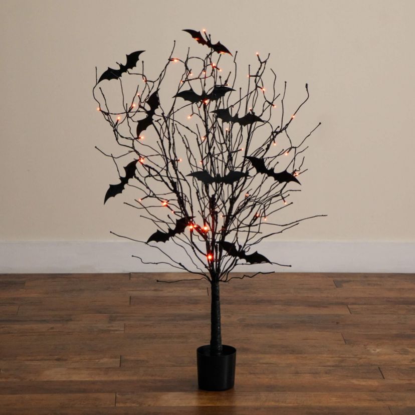 4-Foot Pre-Lit Artificial Halloween Black Twig Tree with Bats and 50 Orange LED Lights