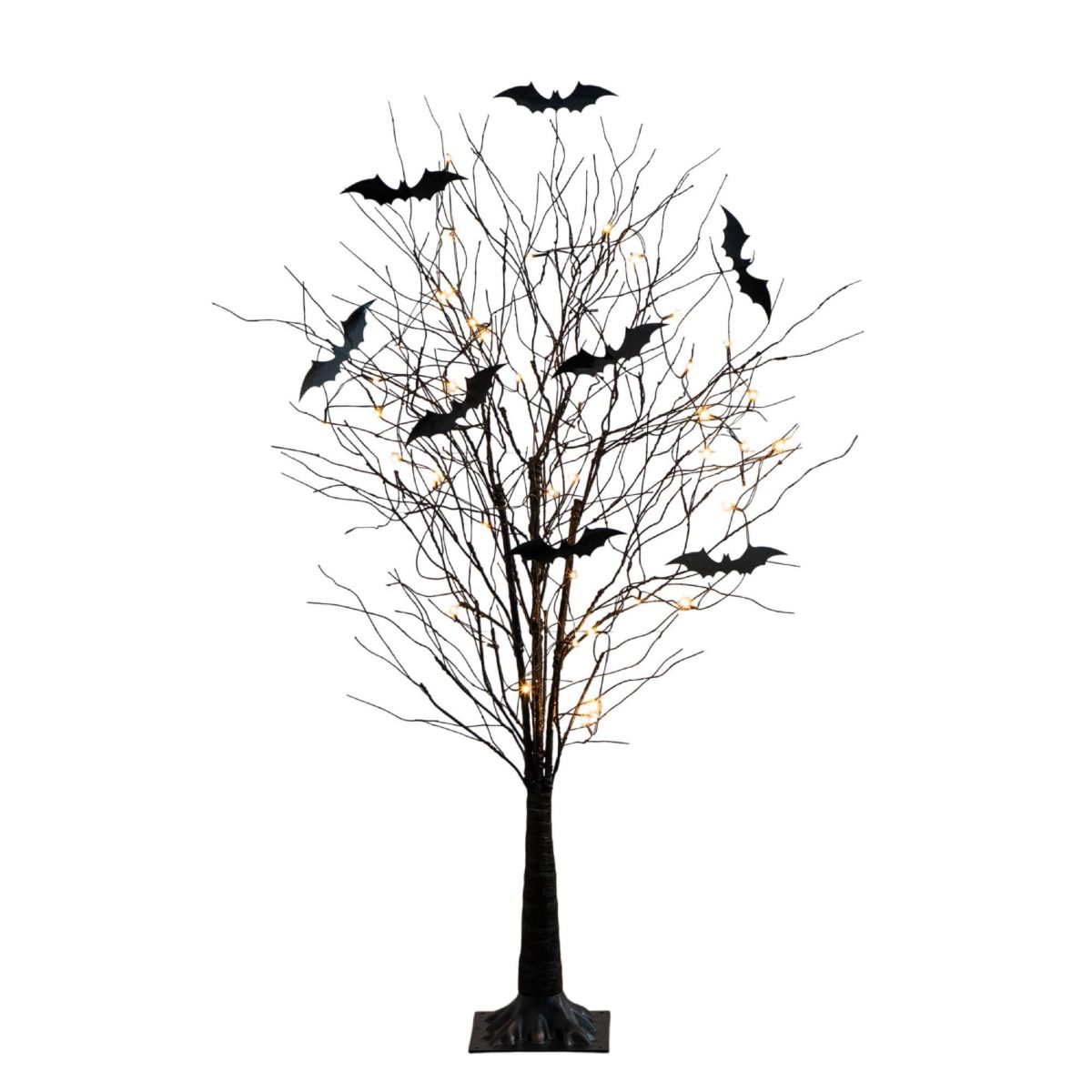 5-Foot Pre-Lit Artificial Halloween Black Twig Tree with Bats and 50 Warm White LED Lights