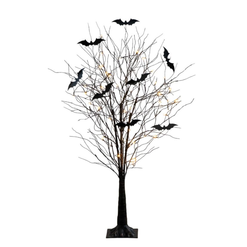 5-Foot Pre-Lit Artificial Halloween Black Twig Tree with Bats and 50 Warm White LED Lights