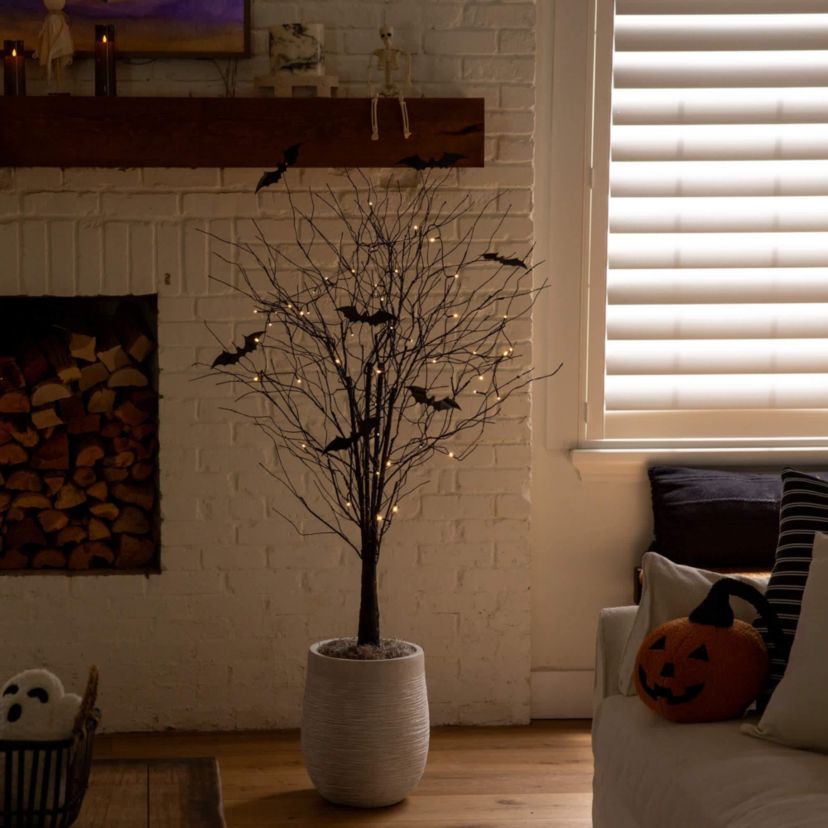 5-Foot Pre-Lit Artificial Halloween Black Twig Tree with Bats and 50 Warm White LED Lights