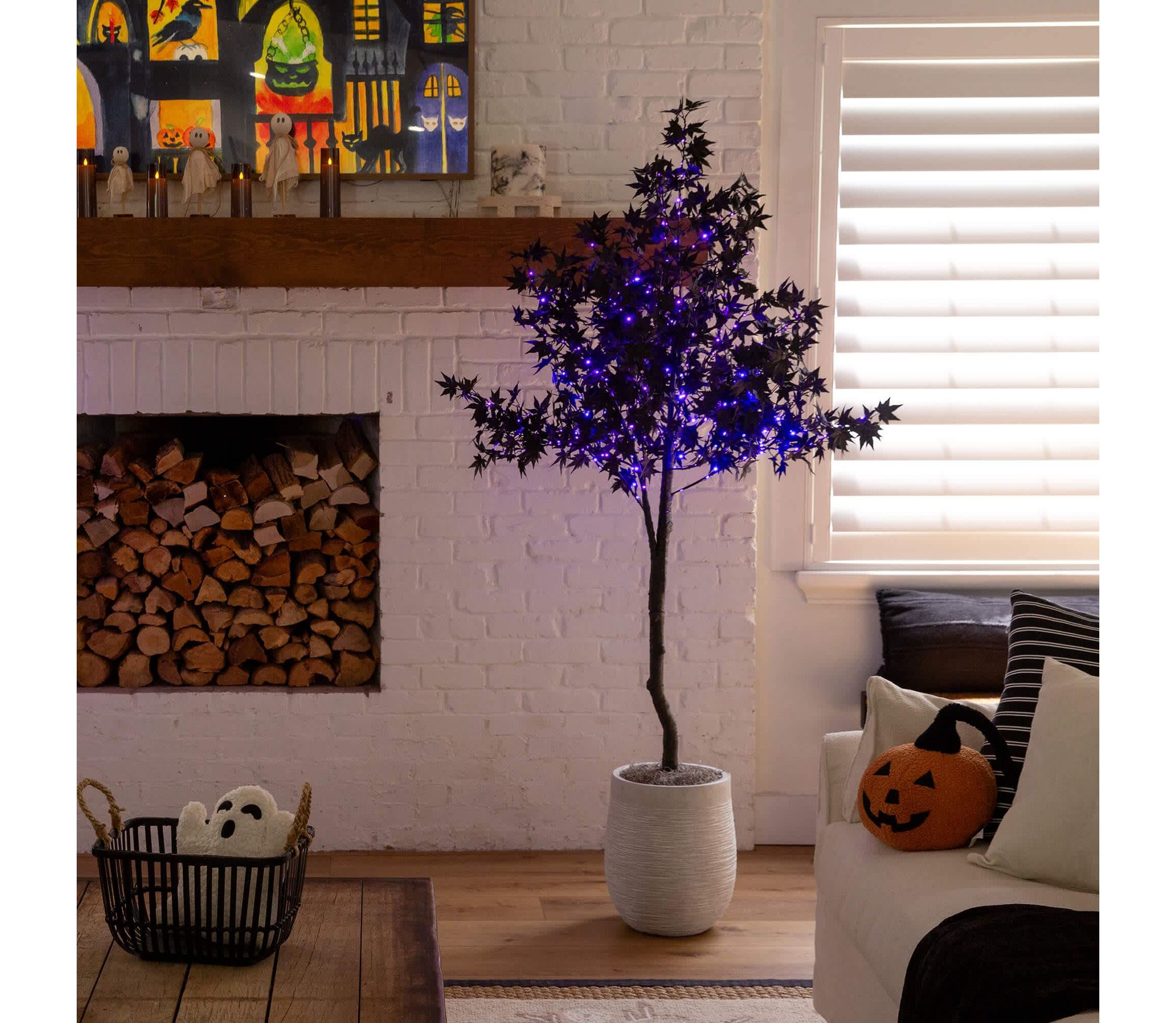 6-Foot Pre-Lit Artificial Halloween Black Maple Tree with 300 Orange & Purple LED Lights