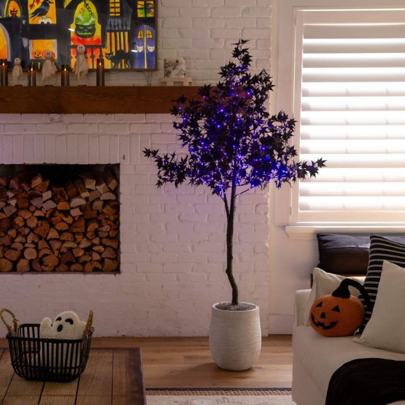 6-Foot Pre-Lit Artificial Halloween Black Maple Tree with 300 Orange & Purple LED Lights