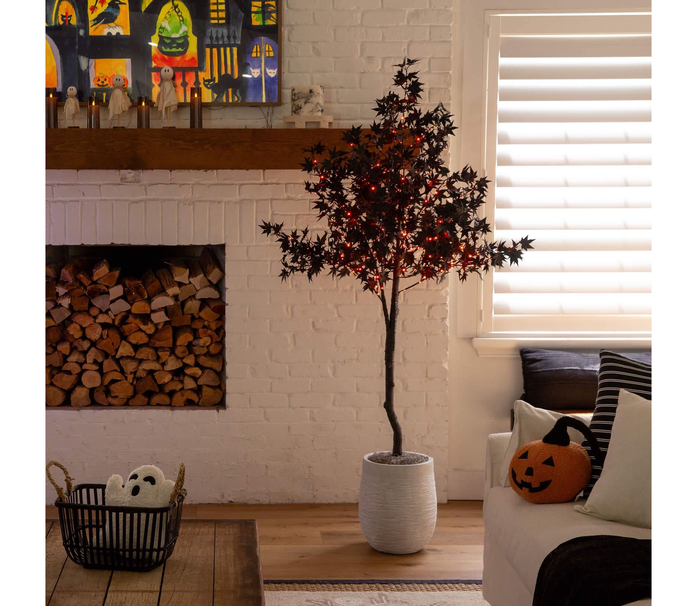 6-Foot Pre-Lit Artificial Halloween Black Maple Tree with 300 Orange & Purple LED Lights