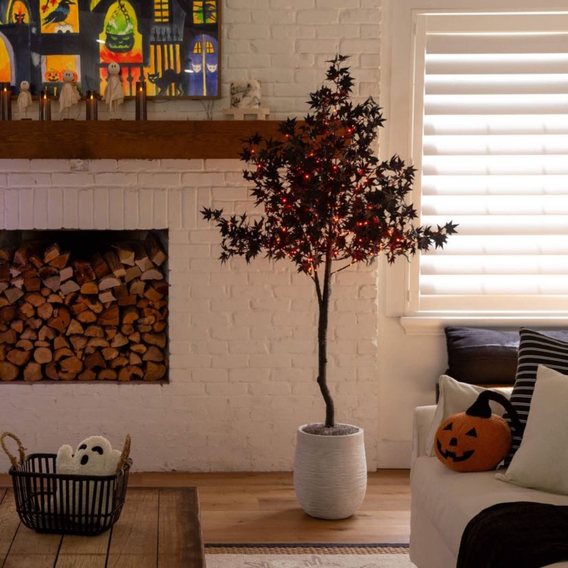 6-Foot Pre-Lit Artificial Halloween Black Maple Tree with 300 Orange & Purple LED Lights