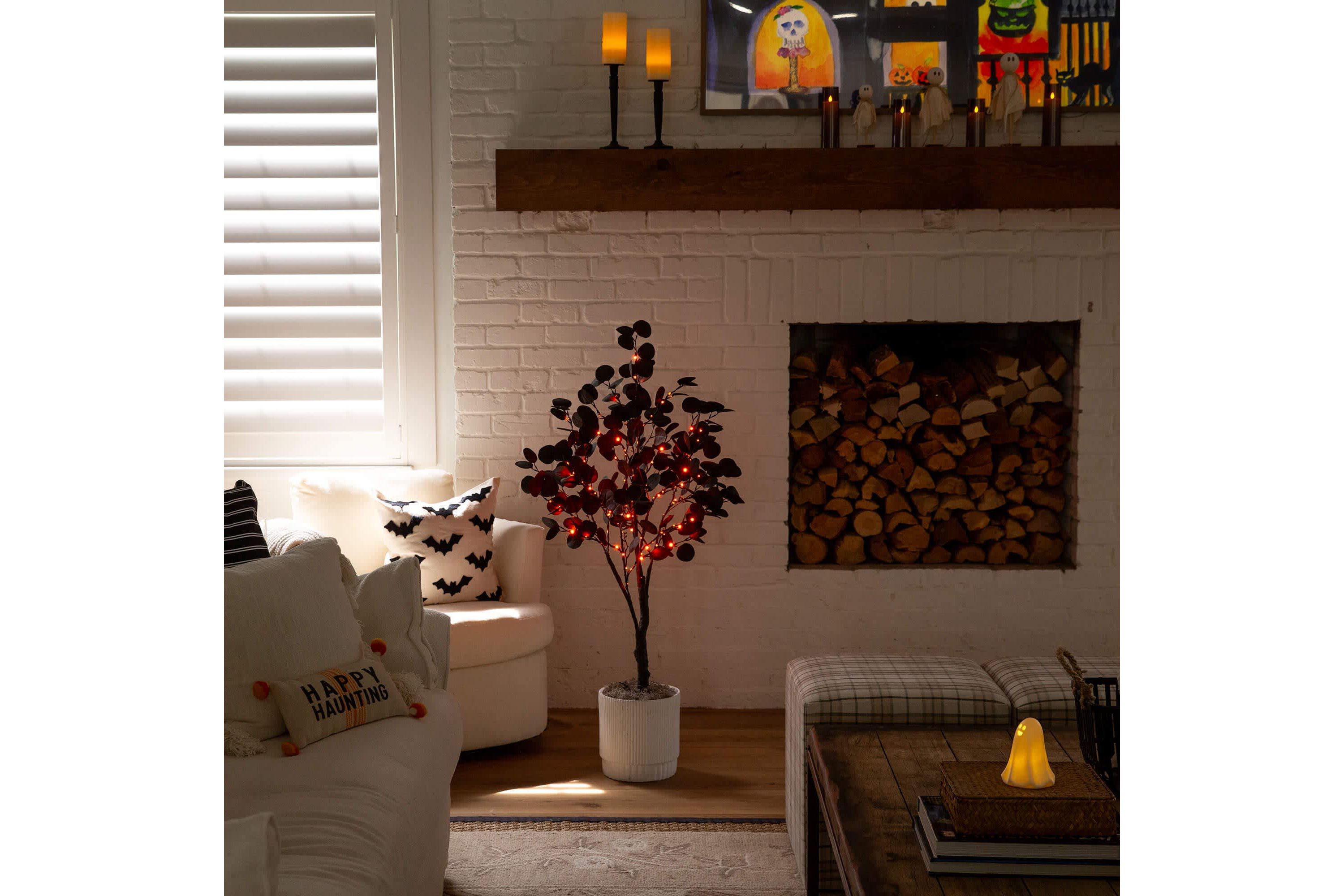 4-Foot Pre-Lit Artificial Halloween Black Eucalyptus Tree with 160 Orange & Purple LED Lights