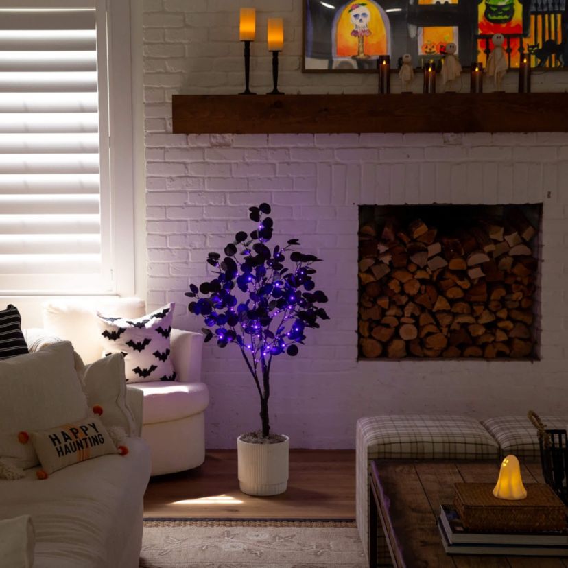 4-Foot Pre-Lit Artificial Halloween Black Eucalyptus Tree with 160 Orange & Purple LED Lights