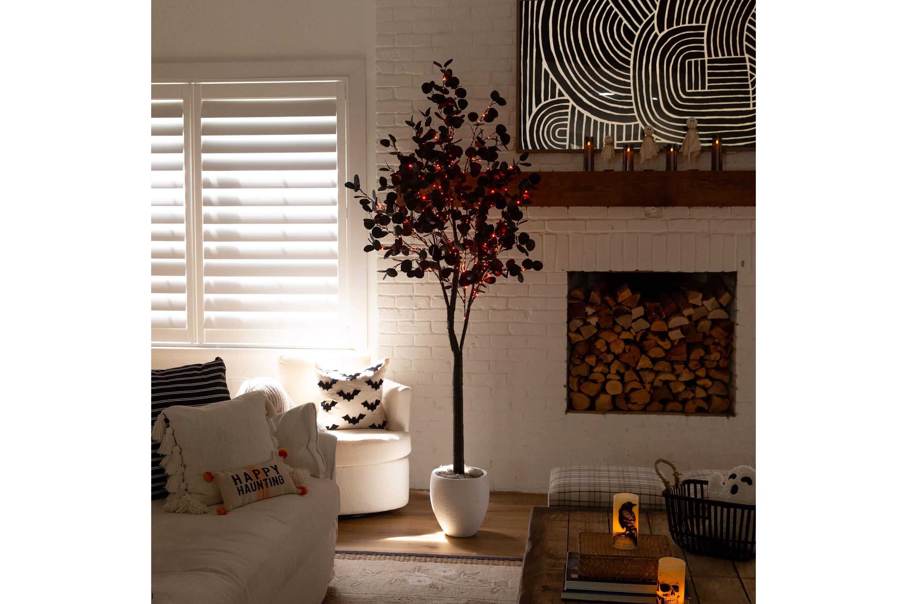 7-Foot Pre-Lit Artificial Halloween Black Eucalyptus Tree with 420 Orange & Purple LED Lights