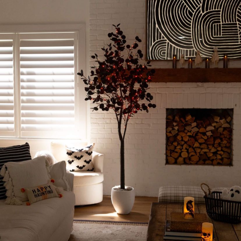7-Foot Pre-Lit Artificial Halloween Black Eucalyptus Tree with 420 Orange & Purple LED Lights