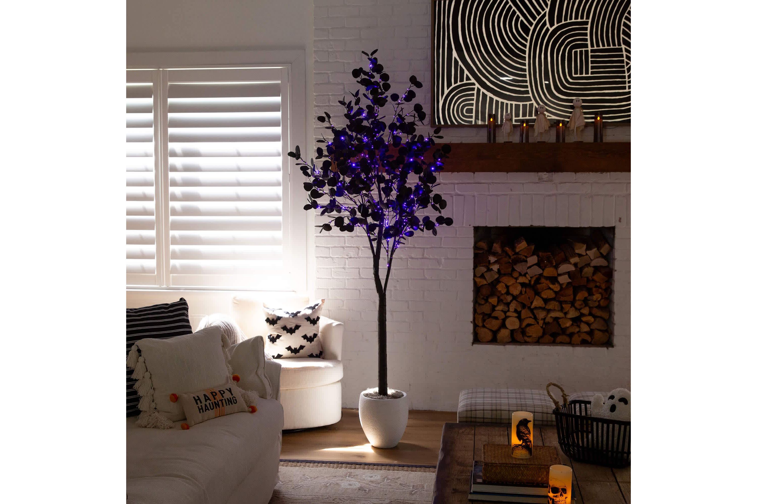 7-Foot Pre-Lit Artificial Halloween Black Eucalyptus Tree with 420 Orange & Purple LED Lights